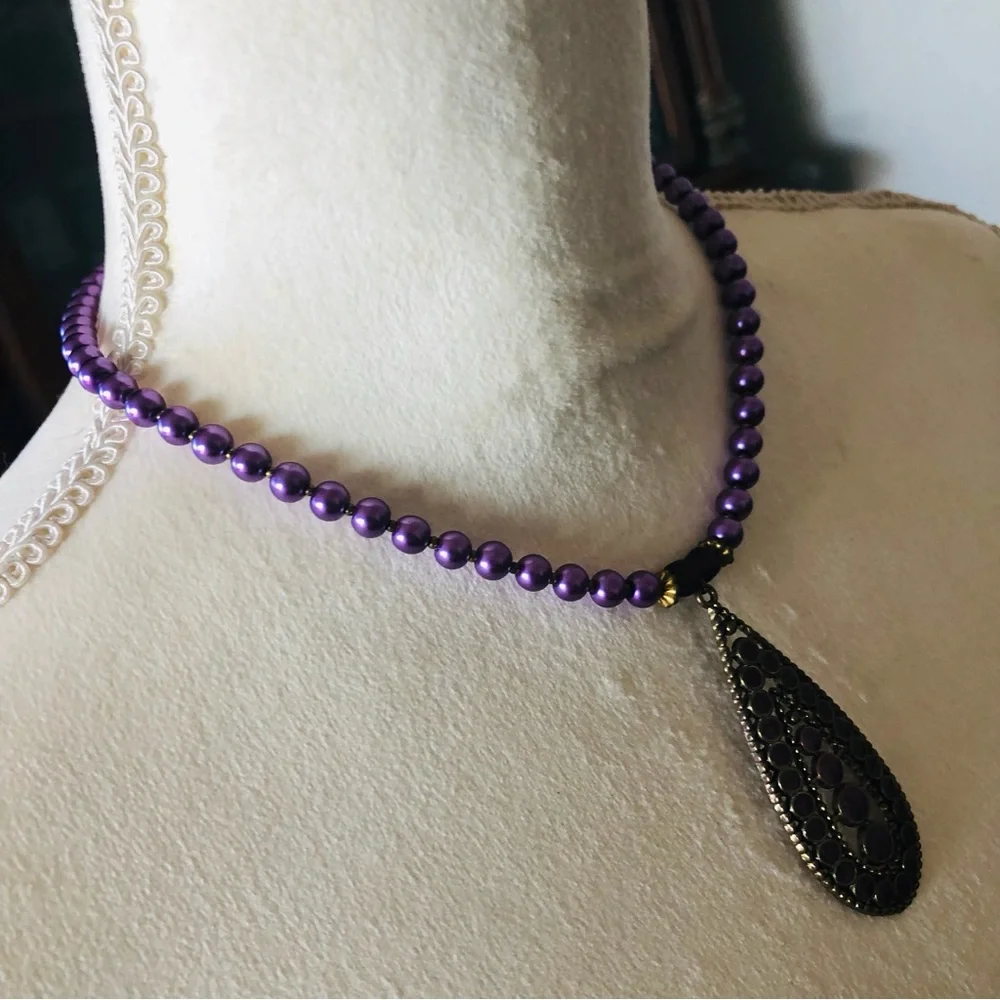 Handcrafted repurpose purple enamel raindrop pendant Czech glass Pearl necklace